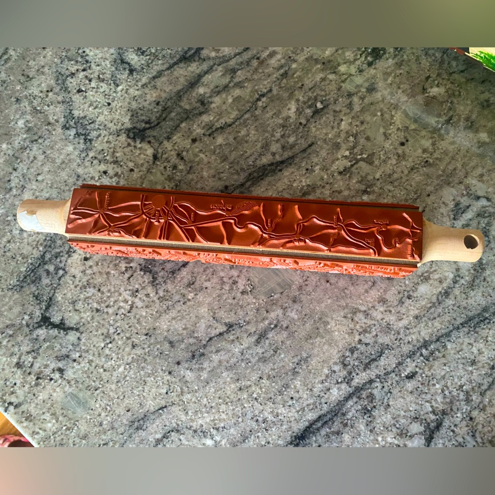 Rubber Stamp rolling pin with travel theme rubber stamps